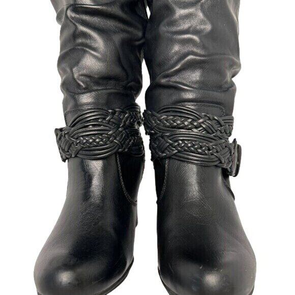 Knee HigWomen's Y2K Slouch Vegan Leather Boots with Buckles Black Size 8M 4" Hee - Picture 5 of 9